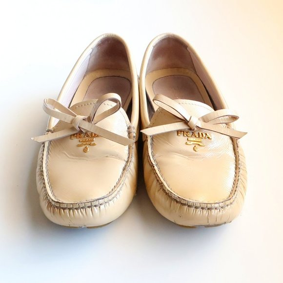 AUTHENTIC Prada Cream Leather Bow Detail Driving Loafers / Flat Slip On Shoes 7 - Picture 5 of 16
